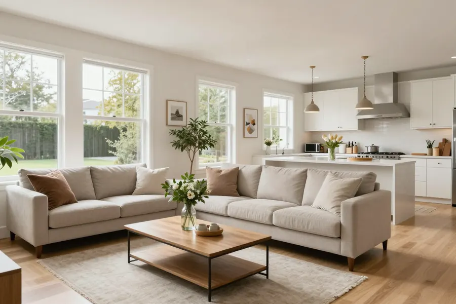 A bright, staged living room and open kitchen photographed for a listing