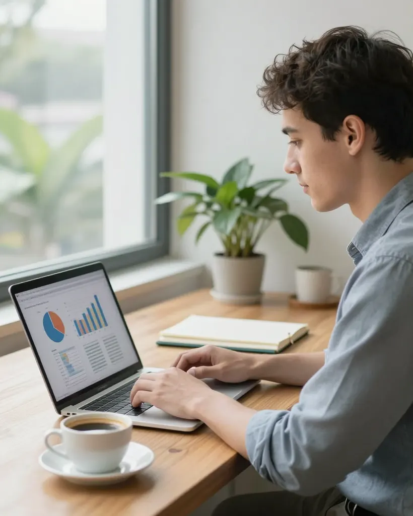 A marketing specialist working on a laptop at a desk by the window